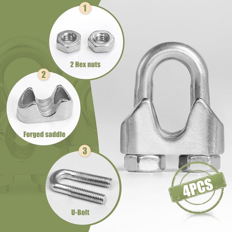 Jamiikury 4pcs M8 Wire Rope Clamp, 5/16 inch Cable Clamps Stainless Steel Wire Rope Clips - Image 4